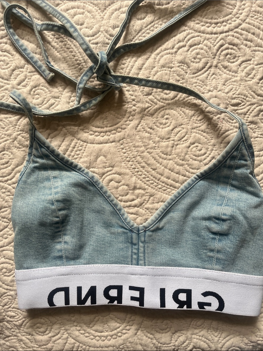 GRLFRND Light Blue Denim Halter Bralette with White Logo Band